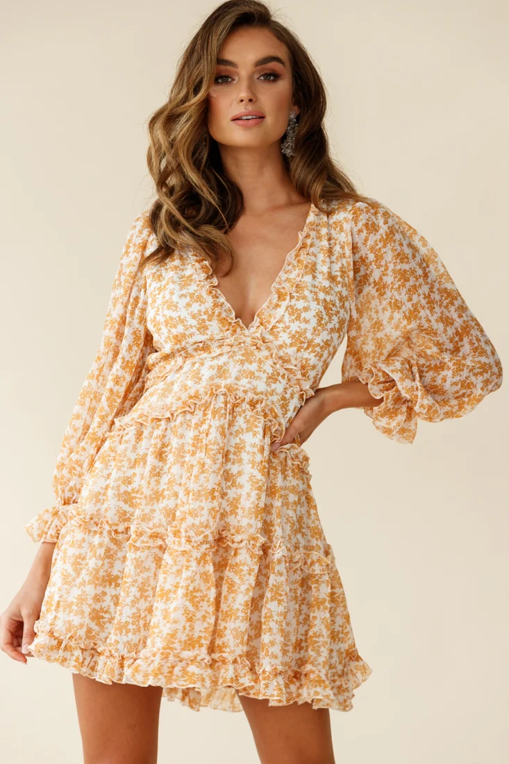 Laney Cutout Back Balloon Sleeve Dress Floral Print Mustard - Seraphlike