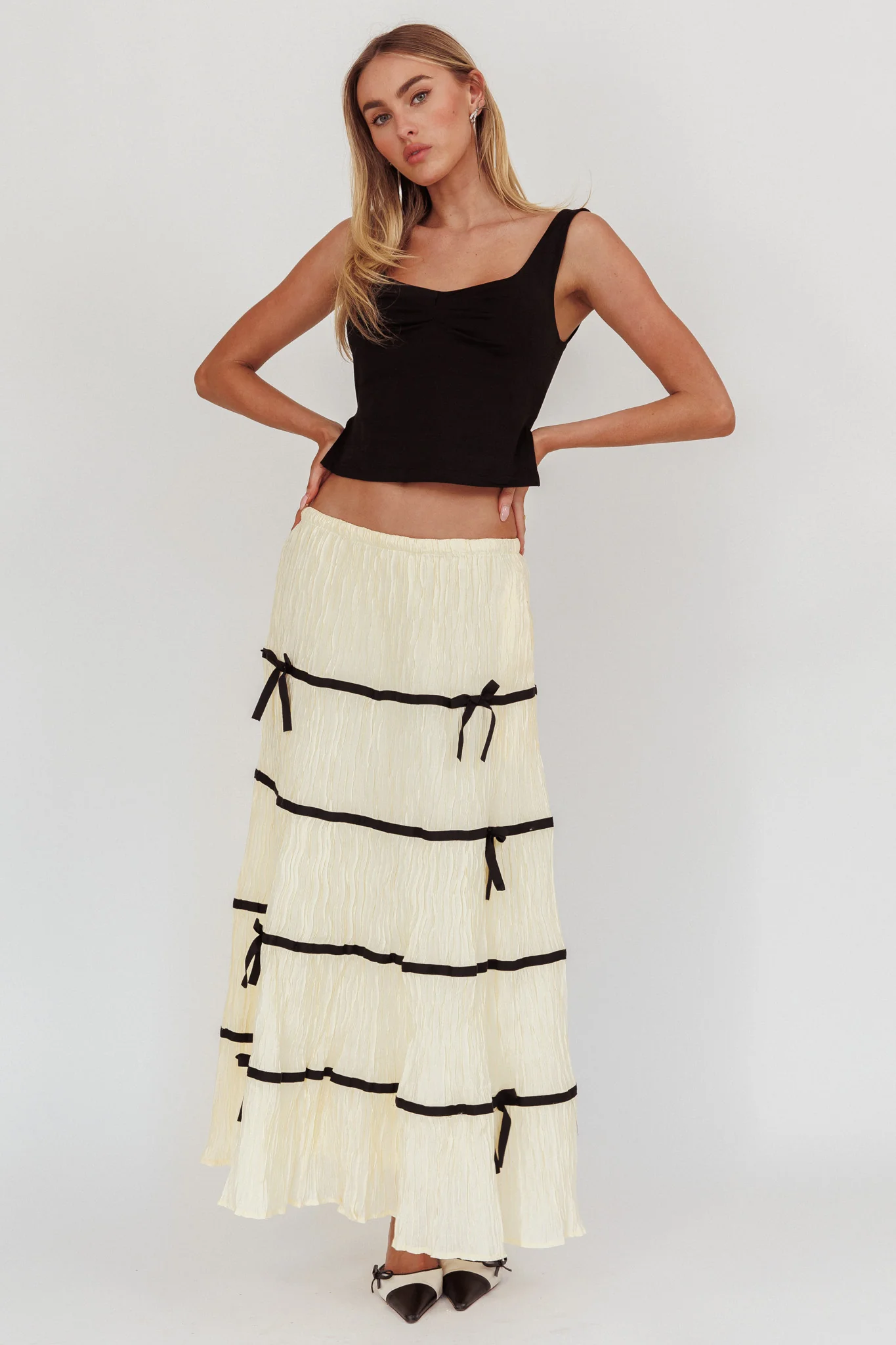 Tunnel Of Love Contrast Bow A-Line Maxi Skirt Natural - Seraphlike