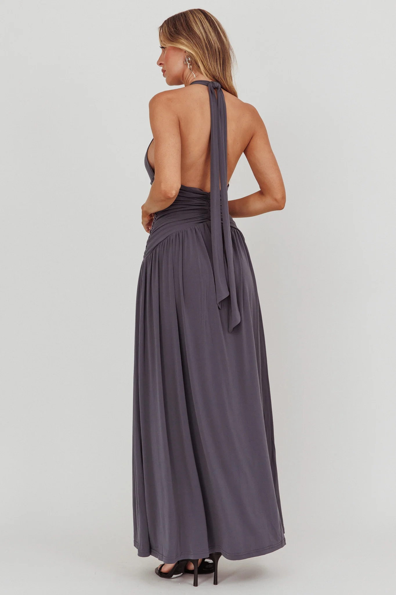 Italia Azure Gathered Waist Maxi Dress Charcoal - Seraphlike