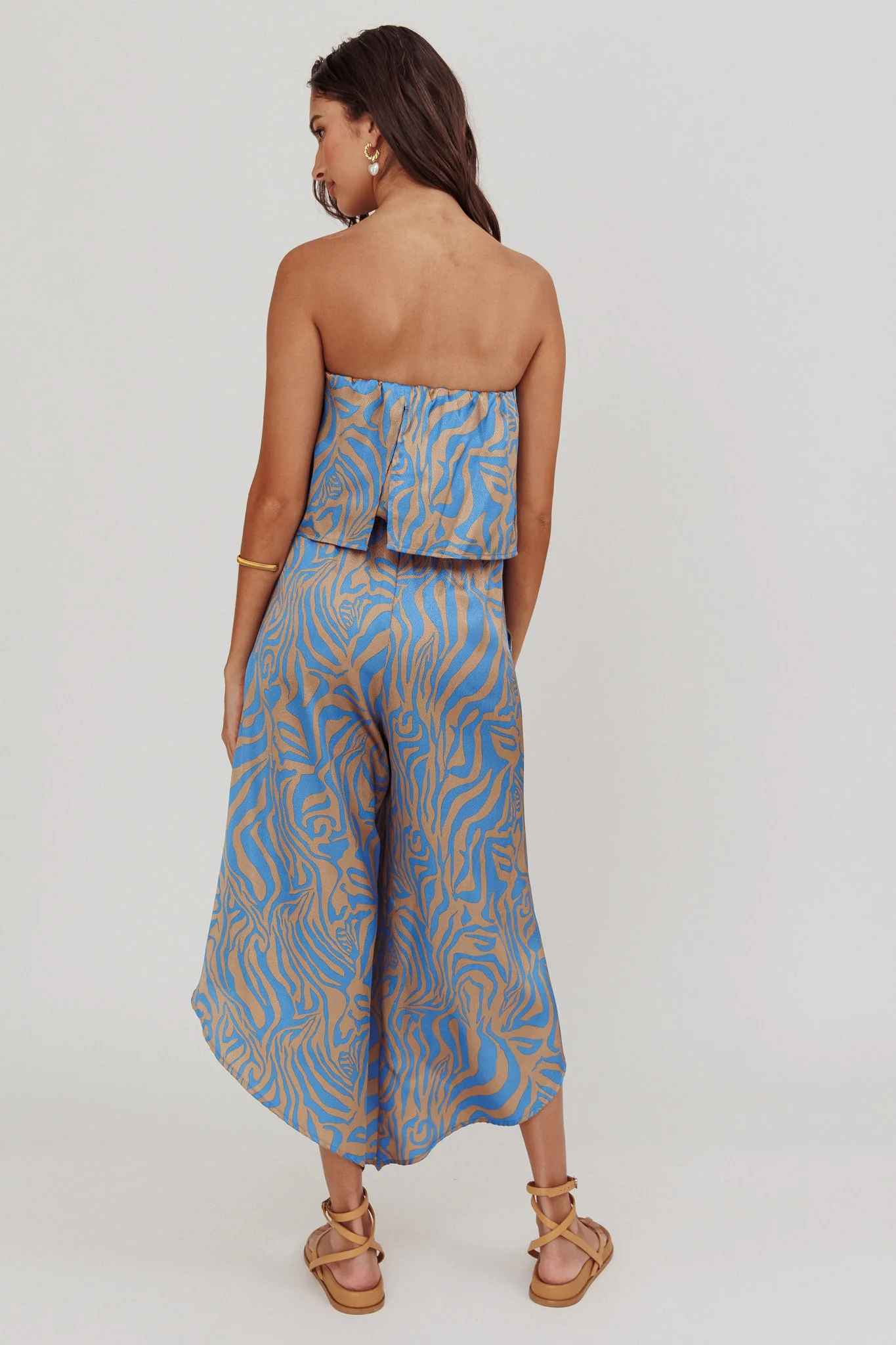 Tongue Tied Printed Strapless Jumpsuit Blue - Seraphlike