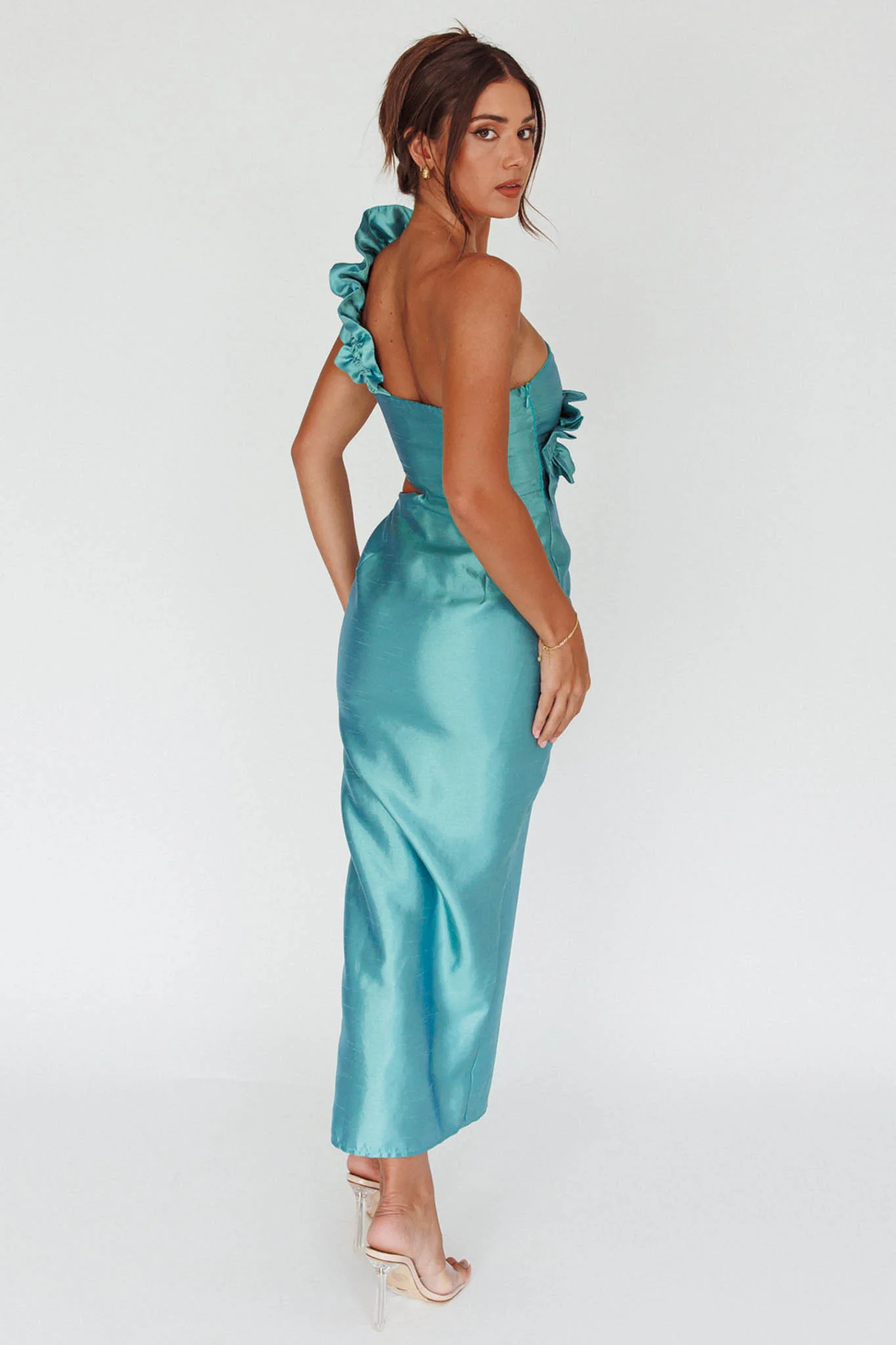 NY Moment Wide Ruffle Shoulder Dress Forest Green - Seraphlike