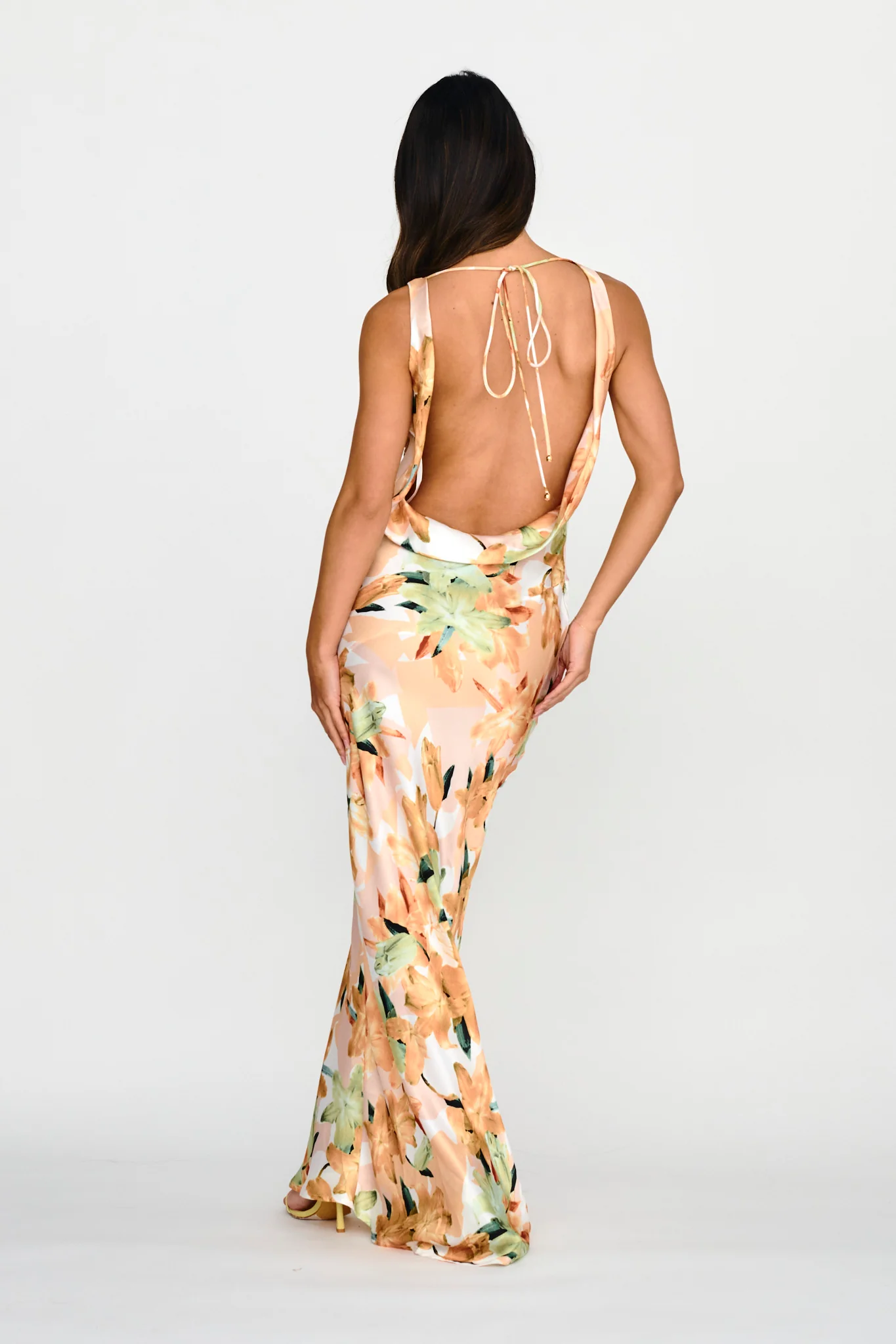 Cassiopeia Open Back Maxi Dress Lily Print Yellow - Seraphlike