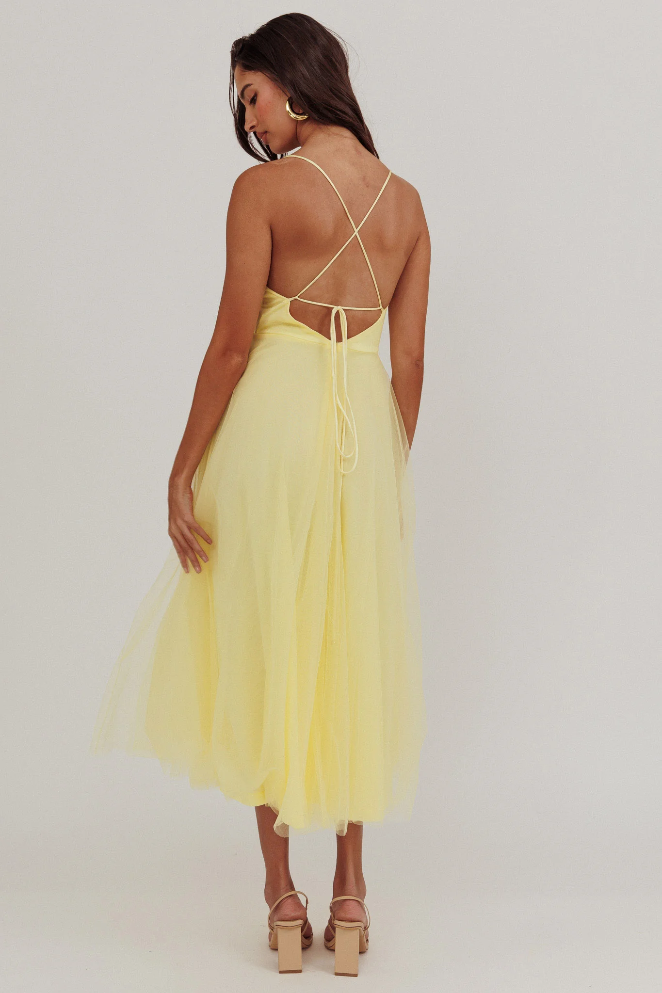 Floating By Pleated Neckline Mesh Midi Dress Yellow - Seraphlike