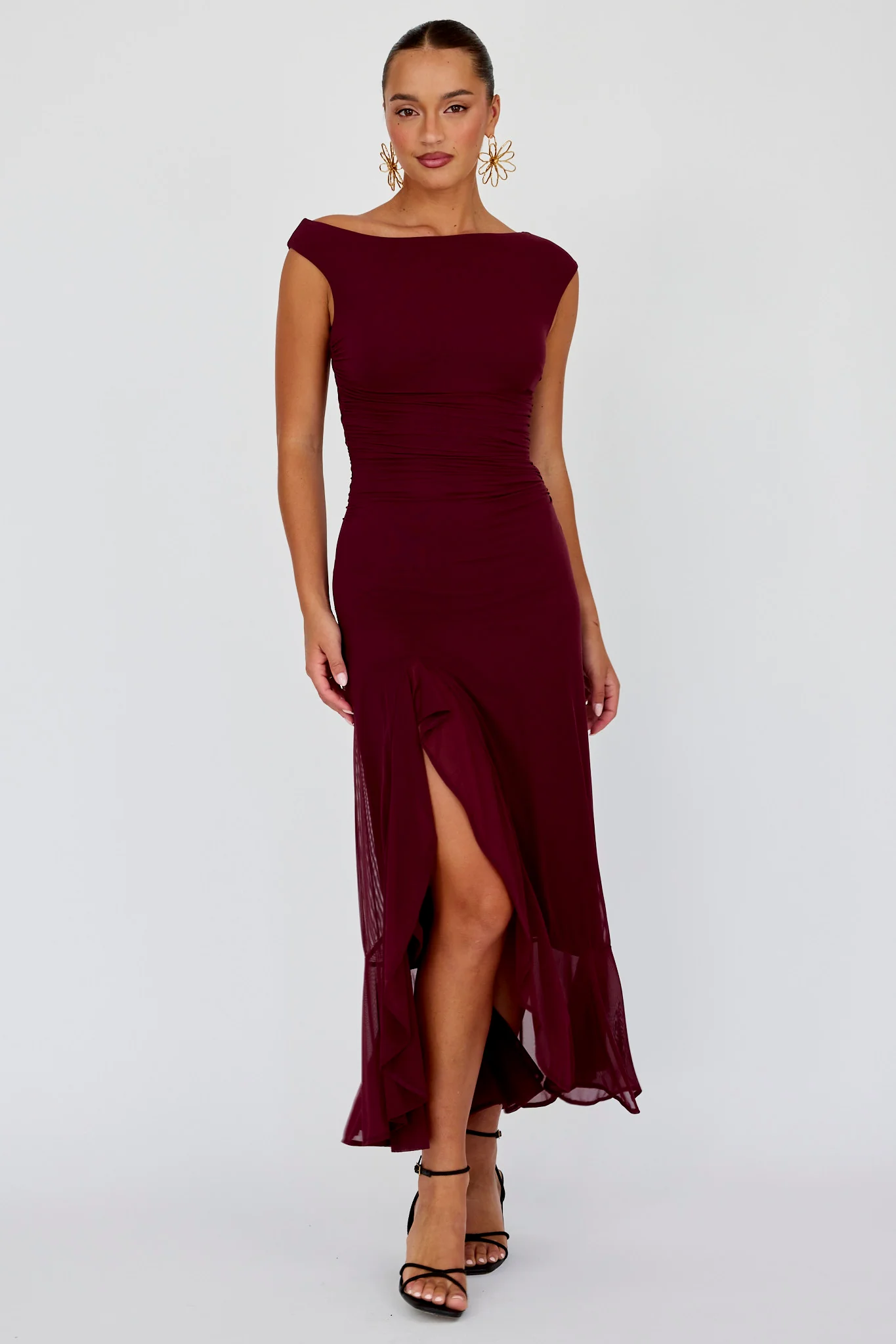 Moonlit Magic Asymmetric Neckline Maxi Dress Wine - Seraphlike