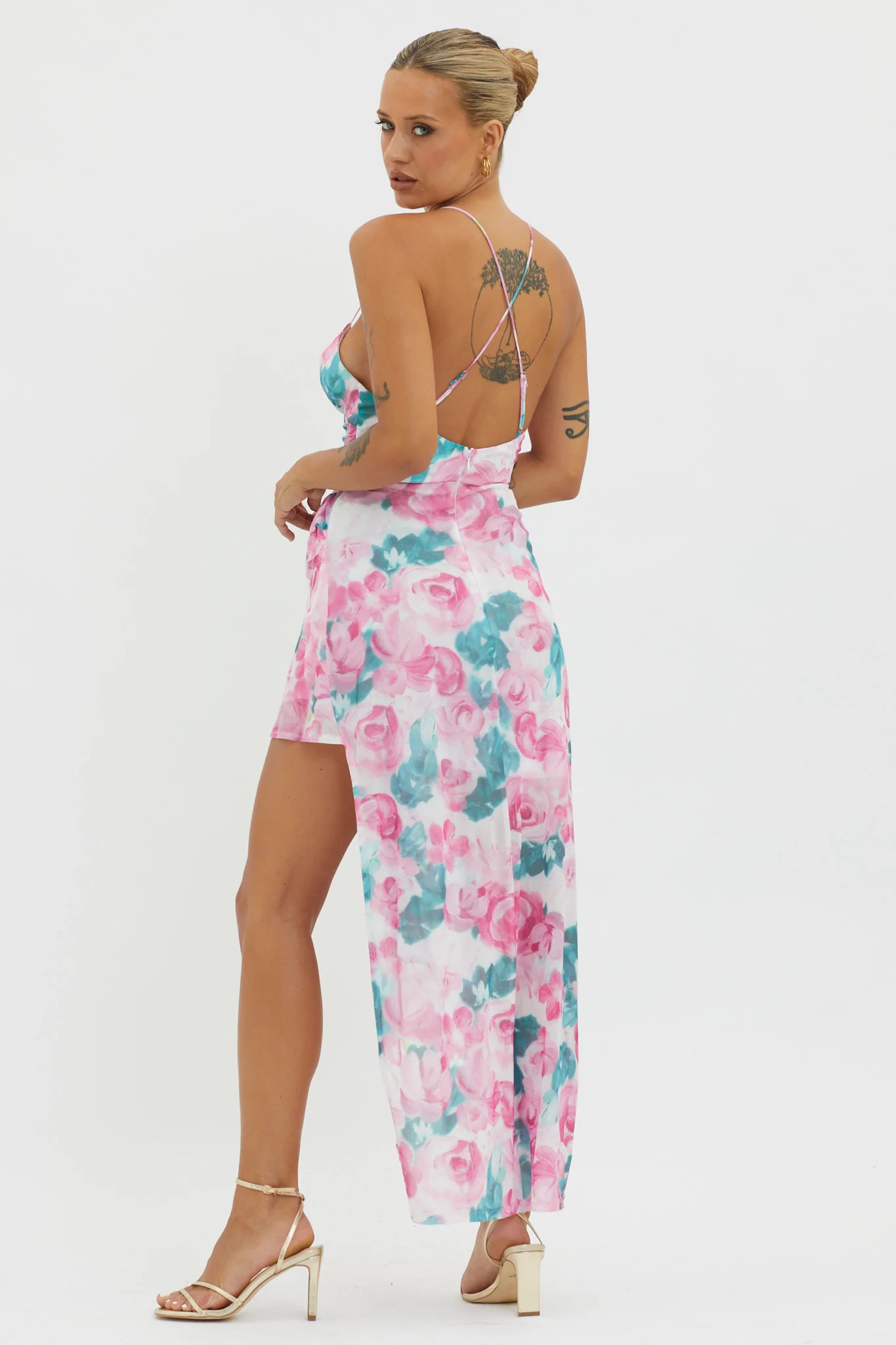 Check Mate Frill Trim Cut-Out Split Dress Floral Pink - Seraphlike