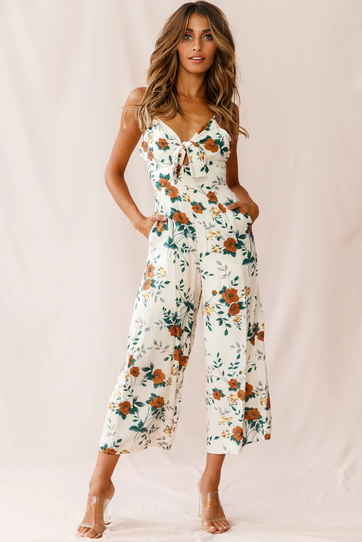Call Me Wide-Leg Tied Bust Jumpsuit Floral Print Beige - Seraphlike