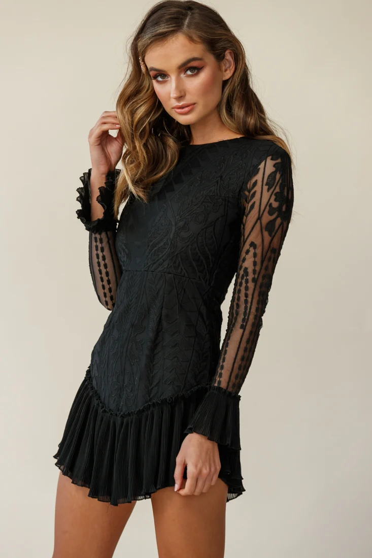Dreamy Long Sleeve Mini Dress Black - Seraphlike