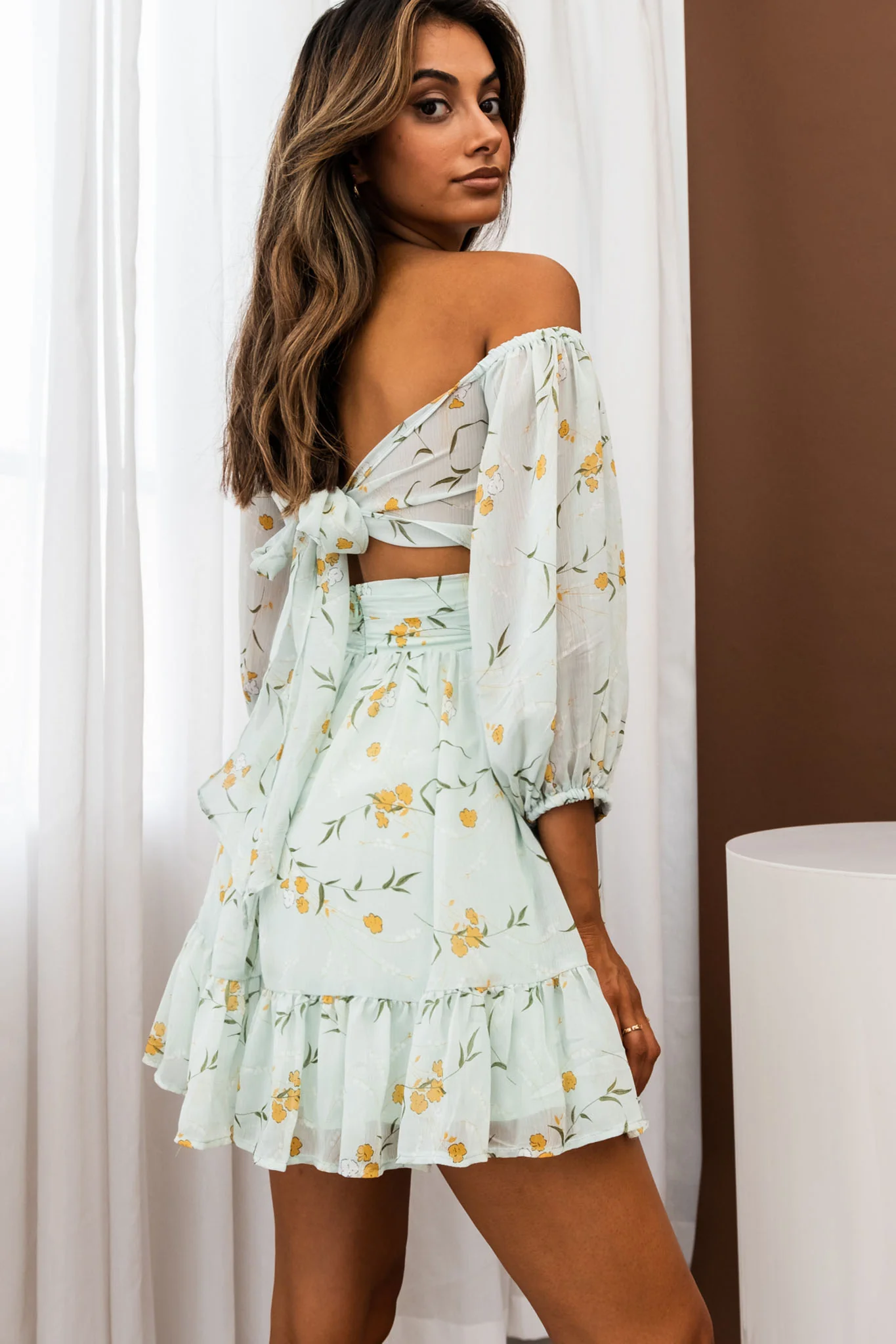 Abby Off-Shoulder Tie-Up Back Dress Floral Print Mint - Seraphlike