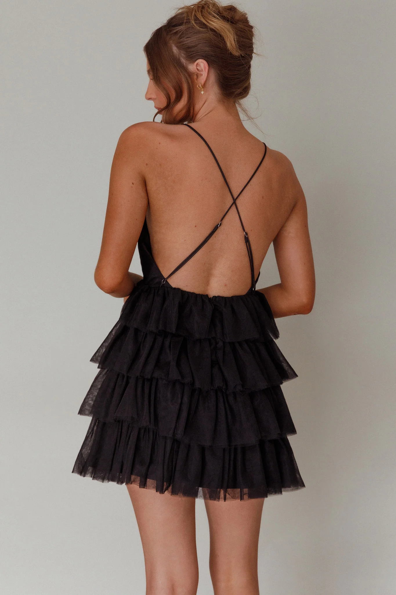 Auguste Tiered Frill Mini Dress Black - Seraphlike