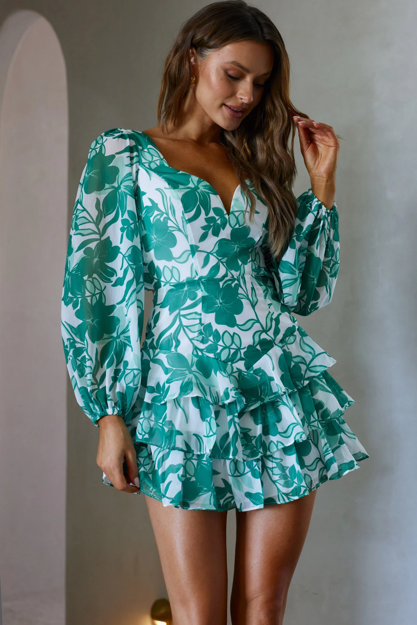 Romance Novel Long Sleeve Tied Back Floral Dress Green - Seraphlike