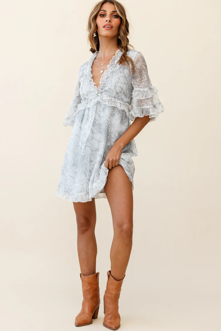 Gemma V-Neckline Frill Detail Dress Flower Print Grey - Seraphlike