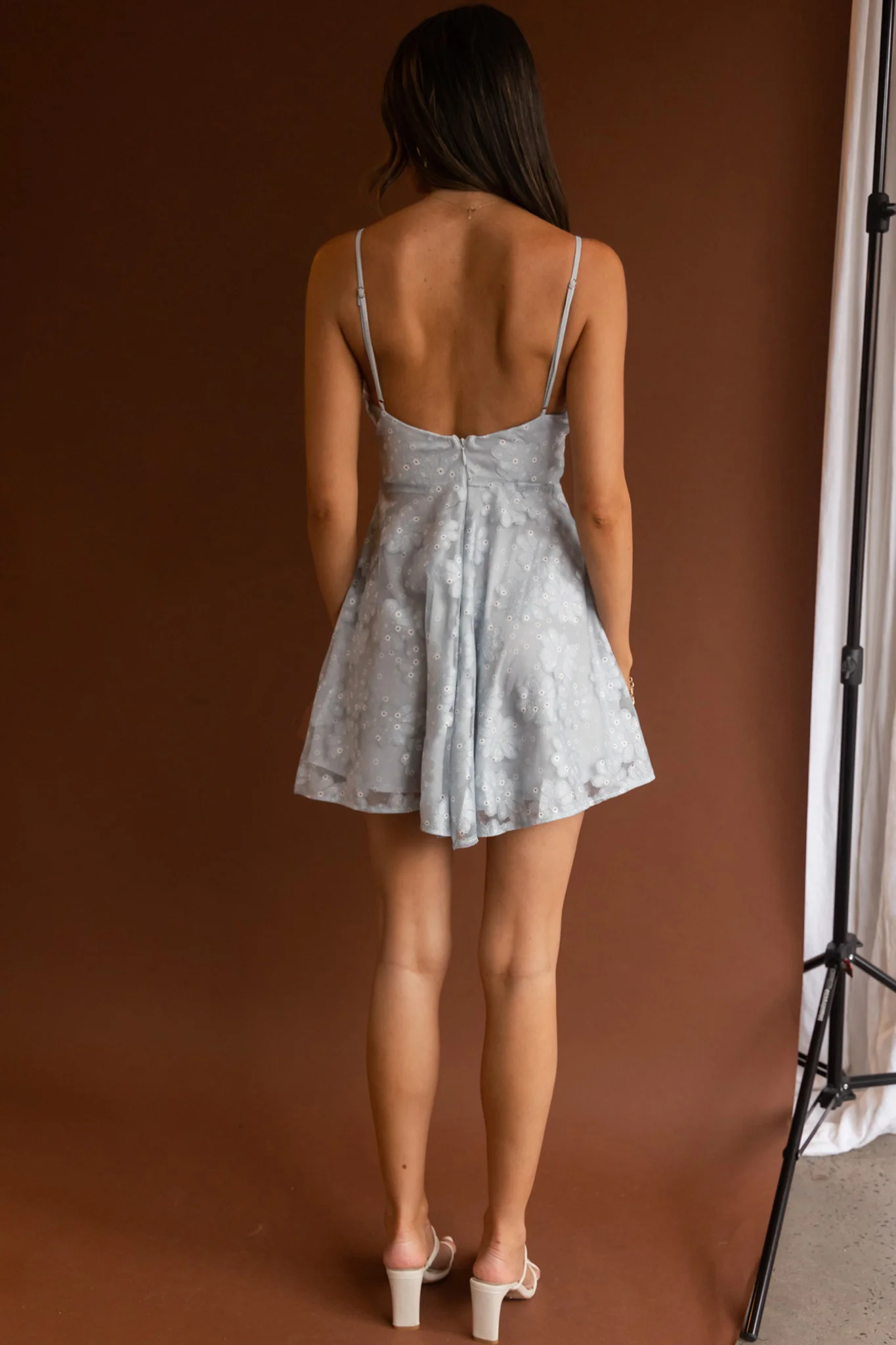 Marbella Floral Embroidered Mesh Scoop Neck Mini Dress Steel Blue - Seraphlike