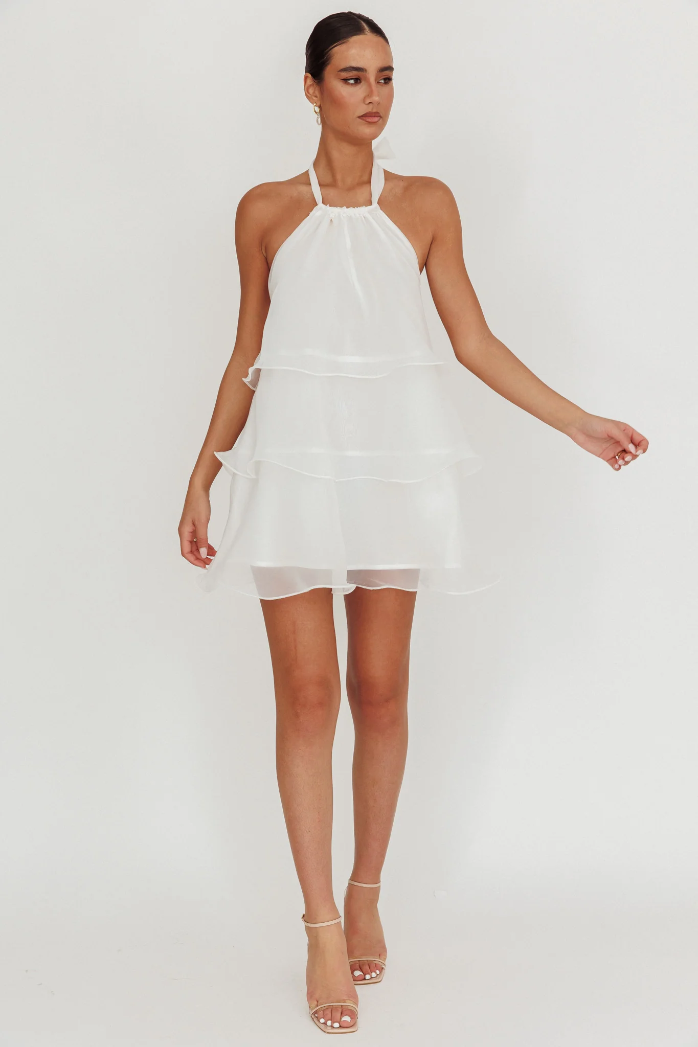 Tulips Tiered Halterneck Mini Dress White - Seraphlike