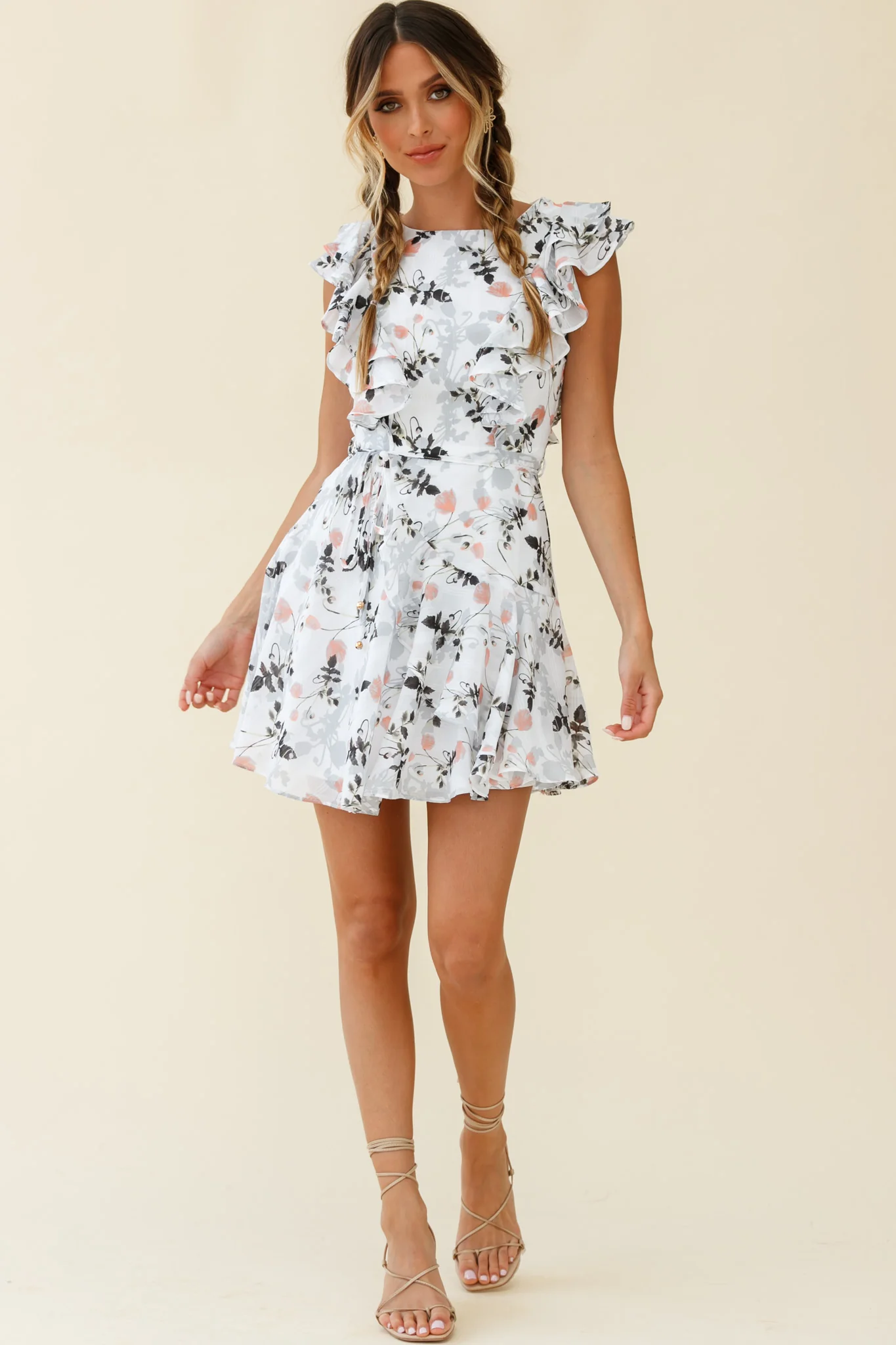 Wilton Ruffle Shoulder A-Line Dress Floral Print White - Seraphlike