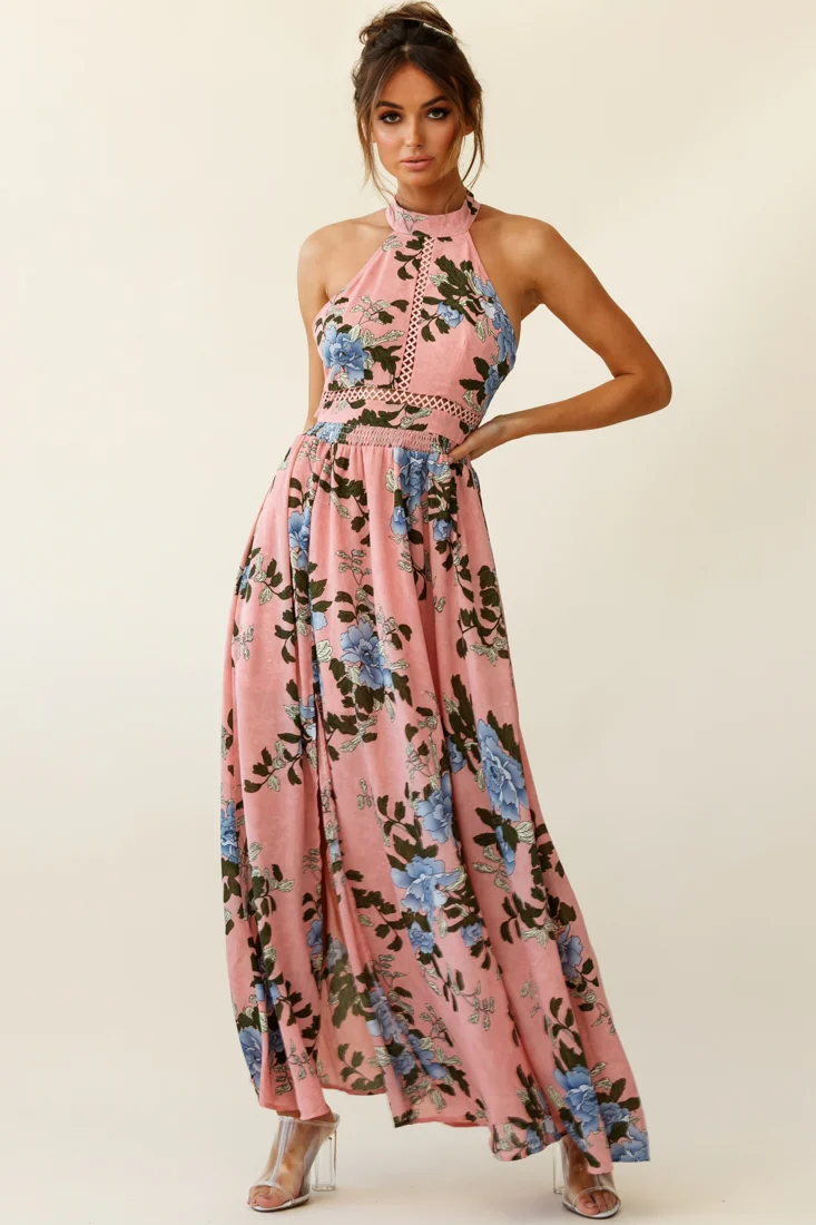 Baylor Floral Halterneck Maxi Dress Pink - Seraphlike