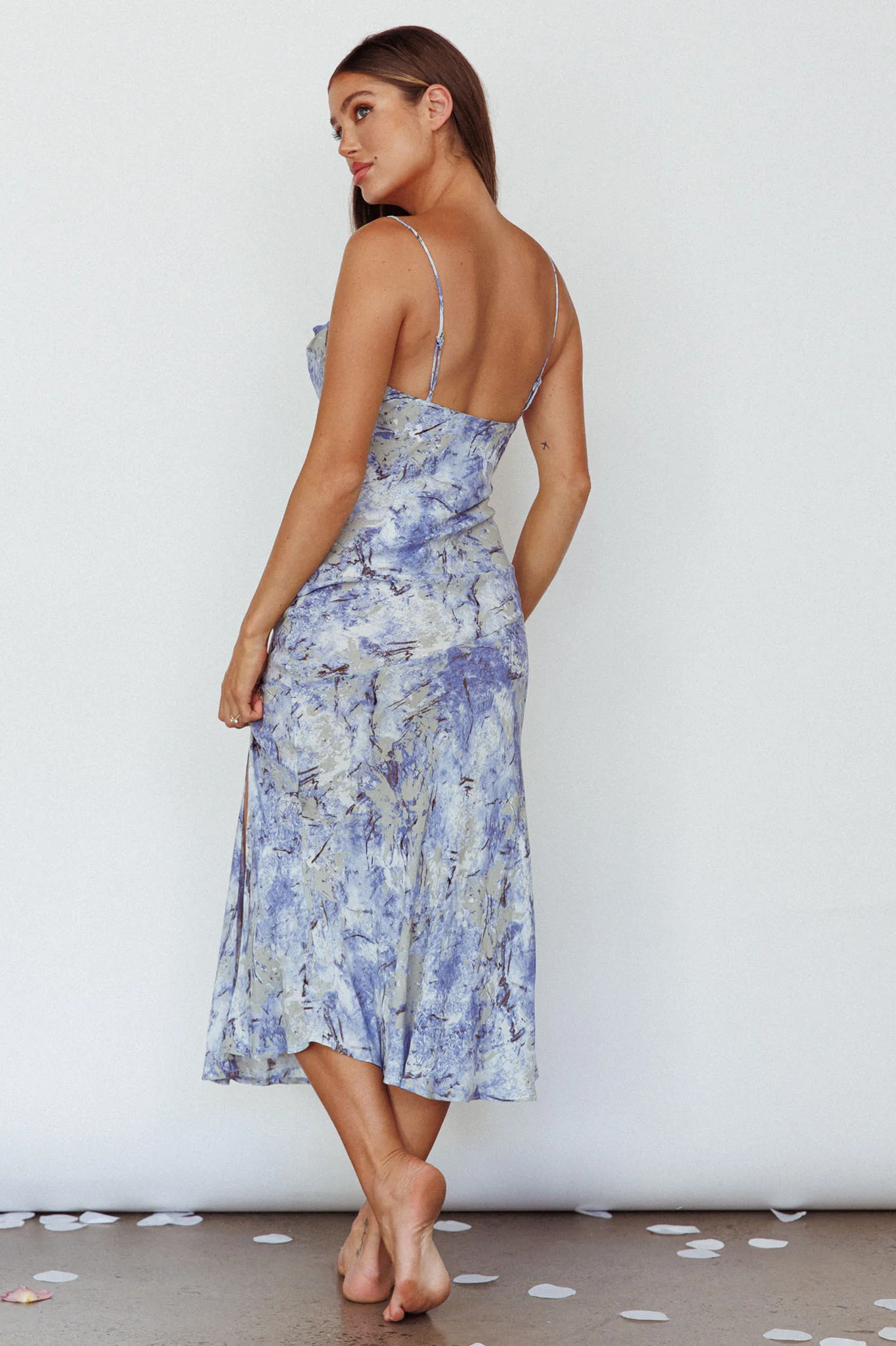 Well Versed Pleated Bust Front Split Dress Marble Print Blue - Seraphlike