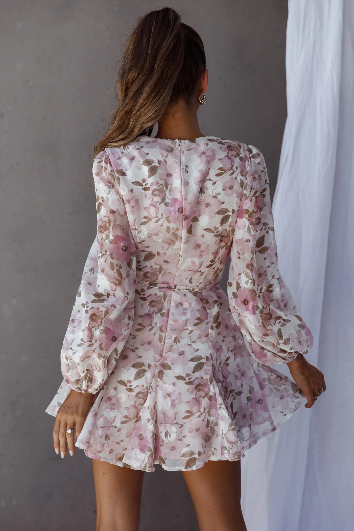 Estelle Long Sleeve V-Neckline Dress Watercolor Floral Print Rose - Seraphlike