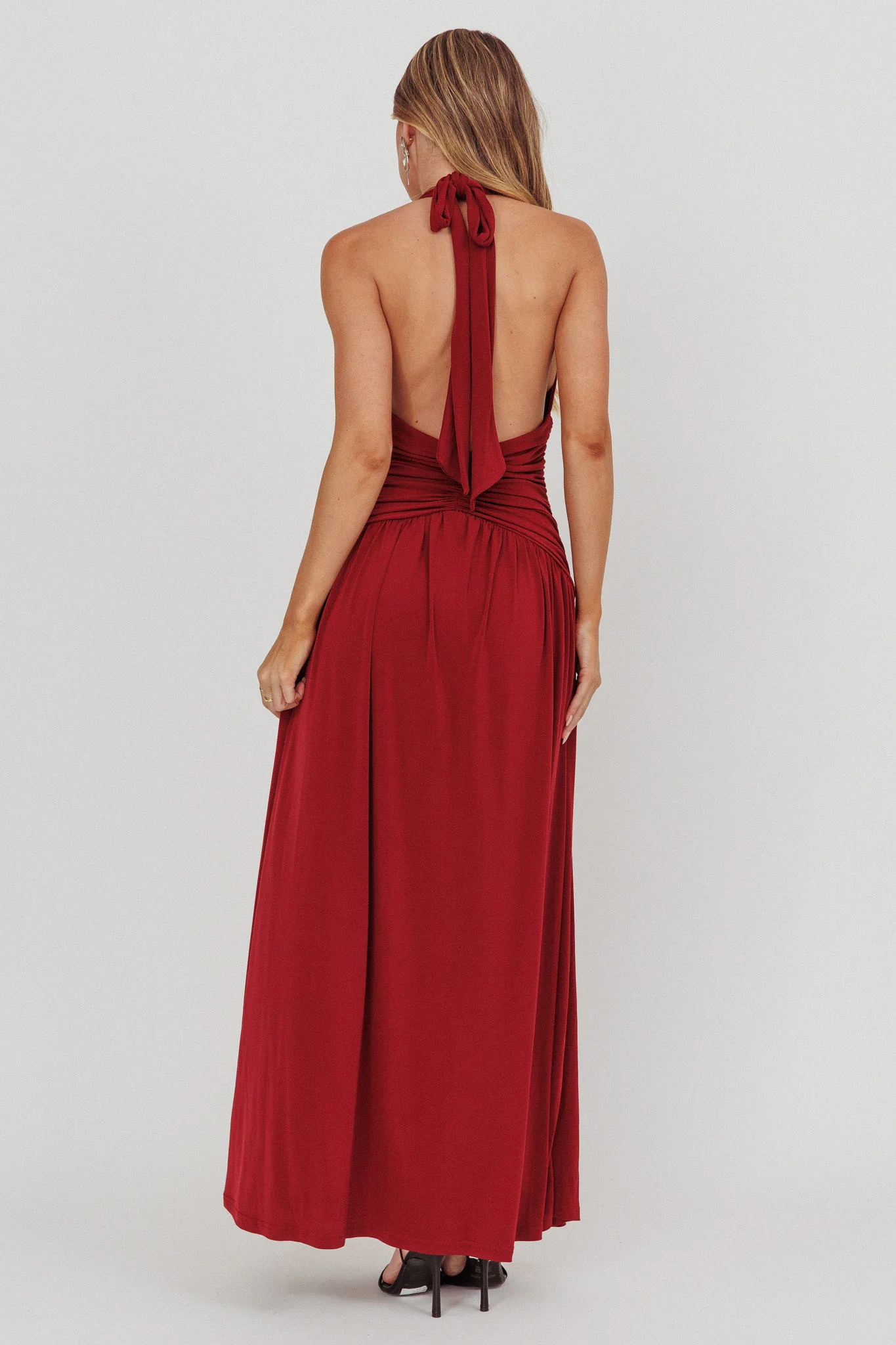 Italia Azure Gathered Waist Maxi Dress Wine - Seraphlike