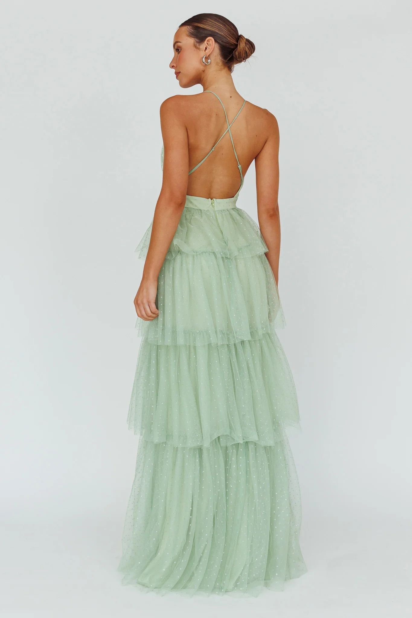 Seylah Tiered Frill Maxi Dress Glitter Sage - Seraphlike
