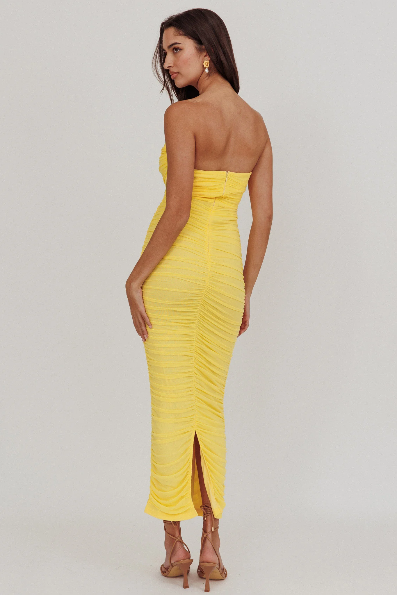 Midwest Strapless Gathered Mesh Maxi Dress Lemon - Seraphlike