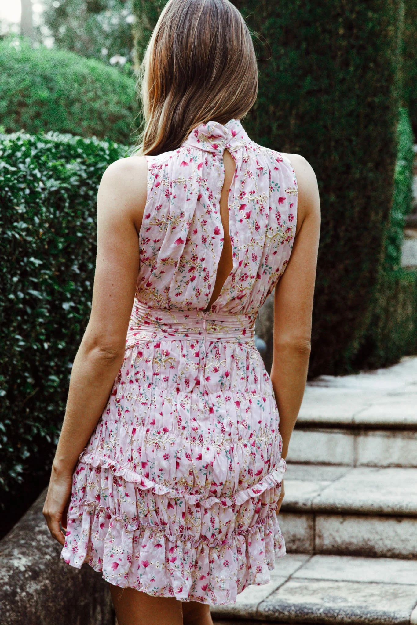 Mandalay High Neck Sleeveless Waistband Dress Floral Print Pink - Seraphlike