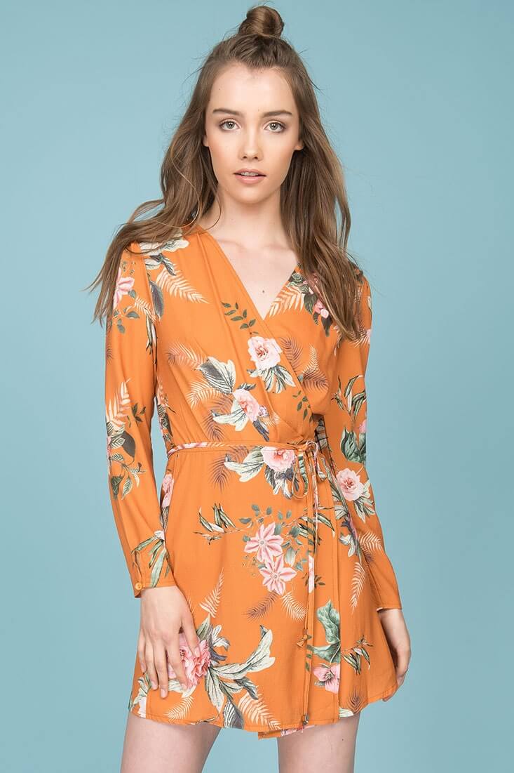 Aryanna Floral Wrap Dress Orange Mustard - Seraphlike