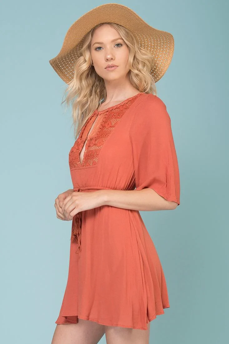 Kayla Tie Waist Crochet Details Dress Rose - Seraphlike