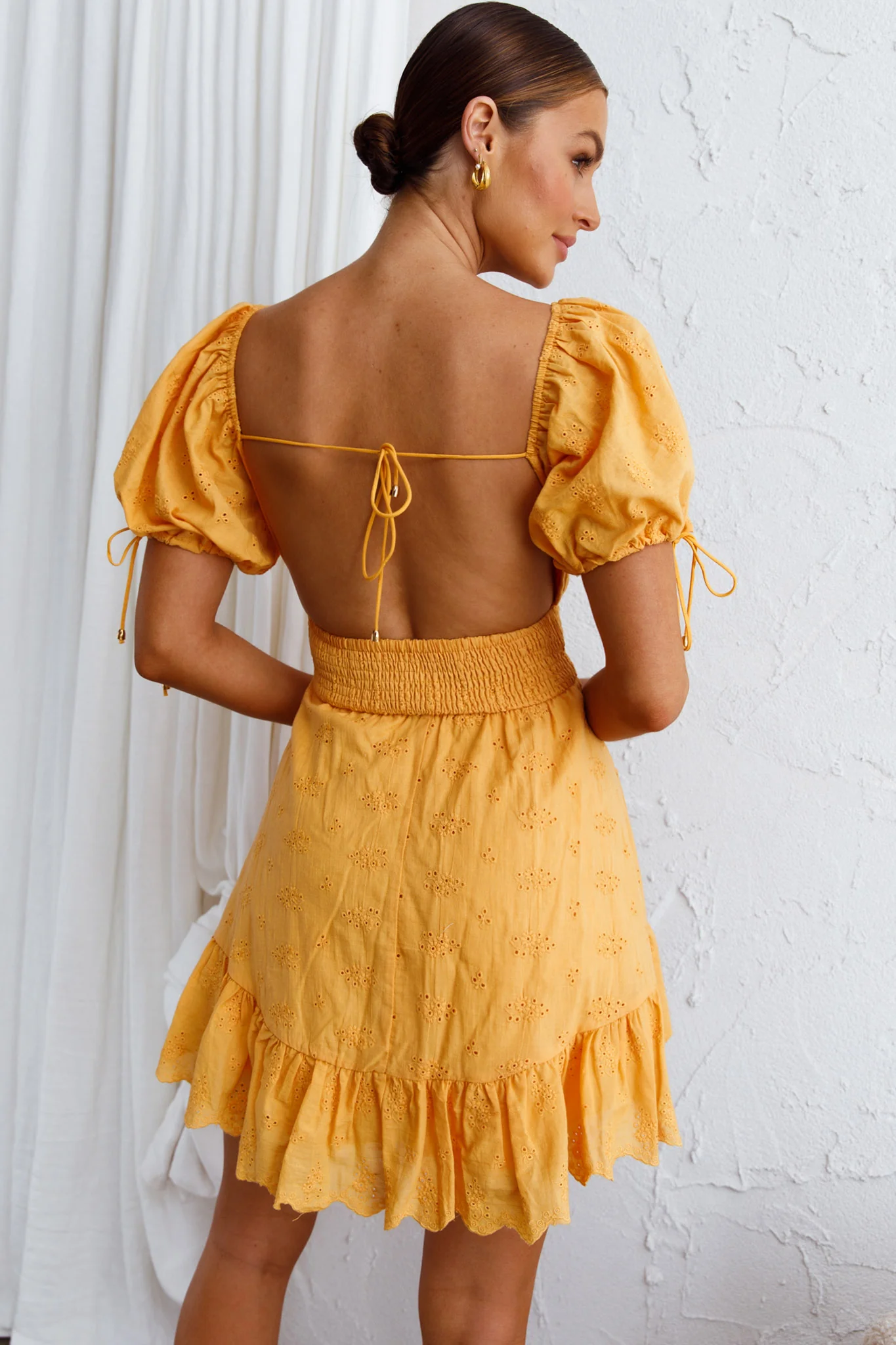 Sweet Devotion Puff Sleeve Shirred Waist Eyelet Mini Dress Orange - Seraphlike