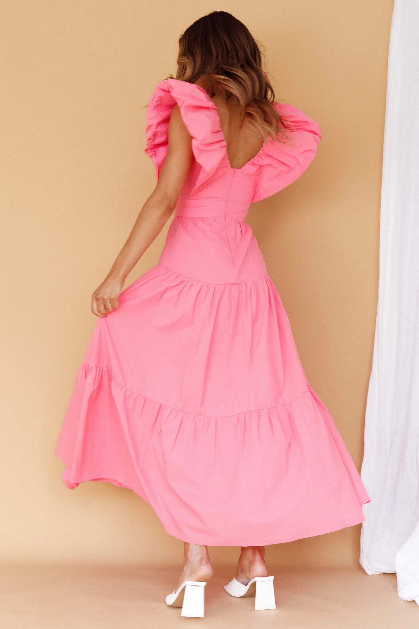 Kahlo Puffed Ruffle Neckline Maxi Dress Soft Pink - Seraphlike