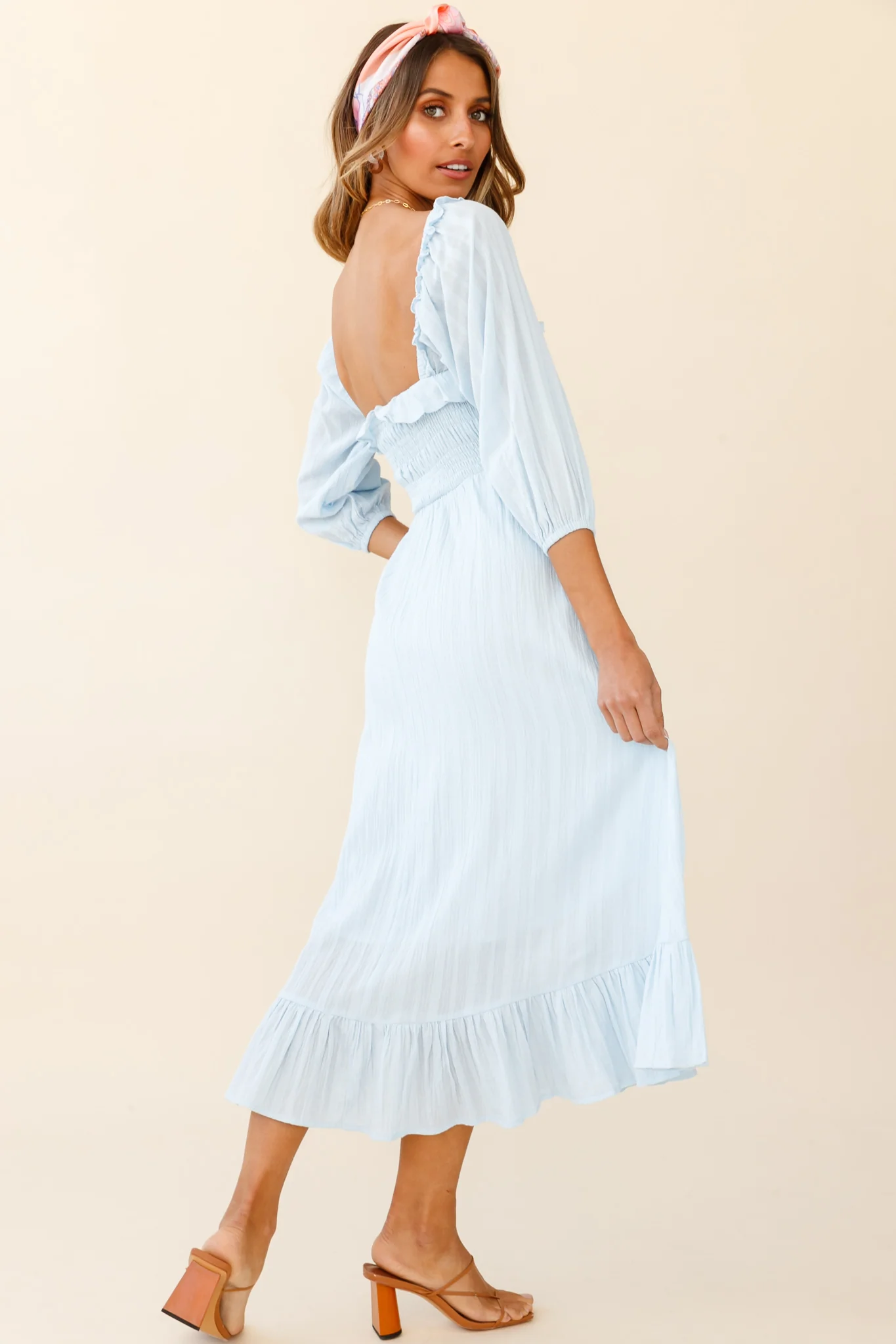Flynn Off-Shoulder Shirred Bust Midi Dress Ice Blue - Seraphlike