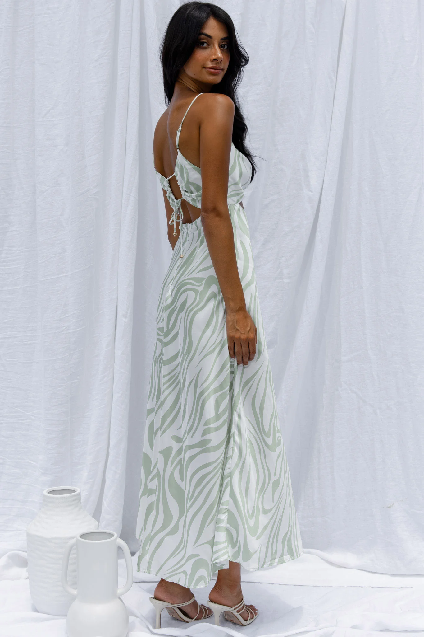 Jasper Cowl Neck Cut-Out Drawstring Back Midi Dress Zebra Print Lime - Seraphlike