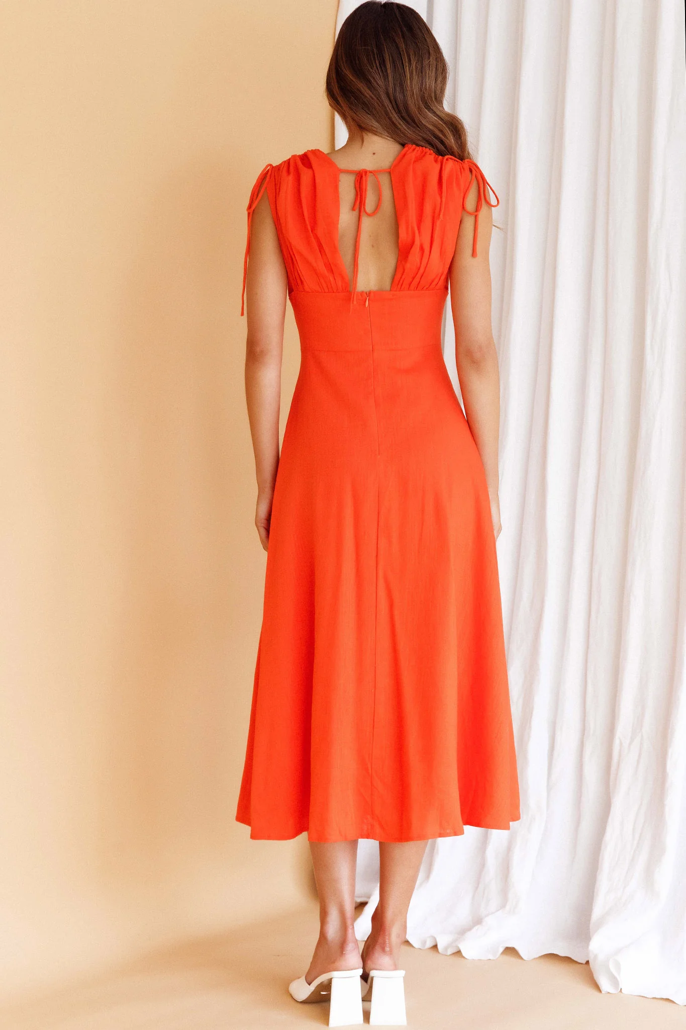Cape Cod Drawstring Accent Midi Dress Tangerine - Seraphlike