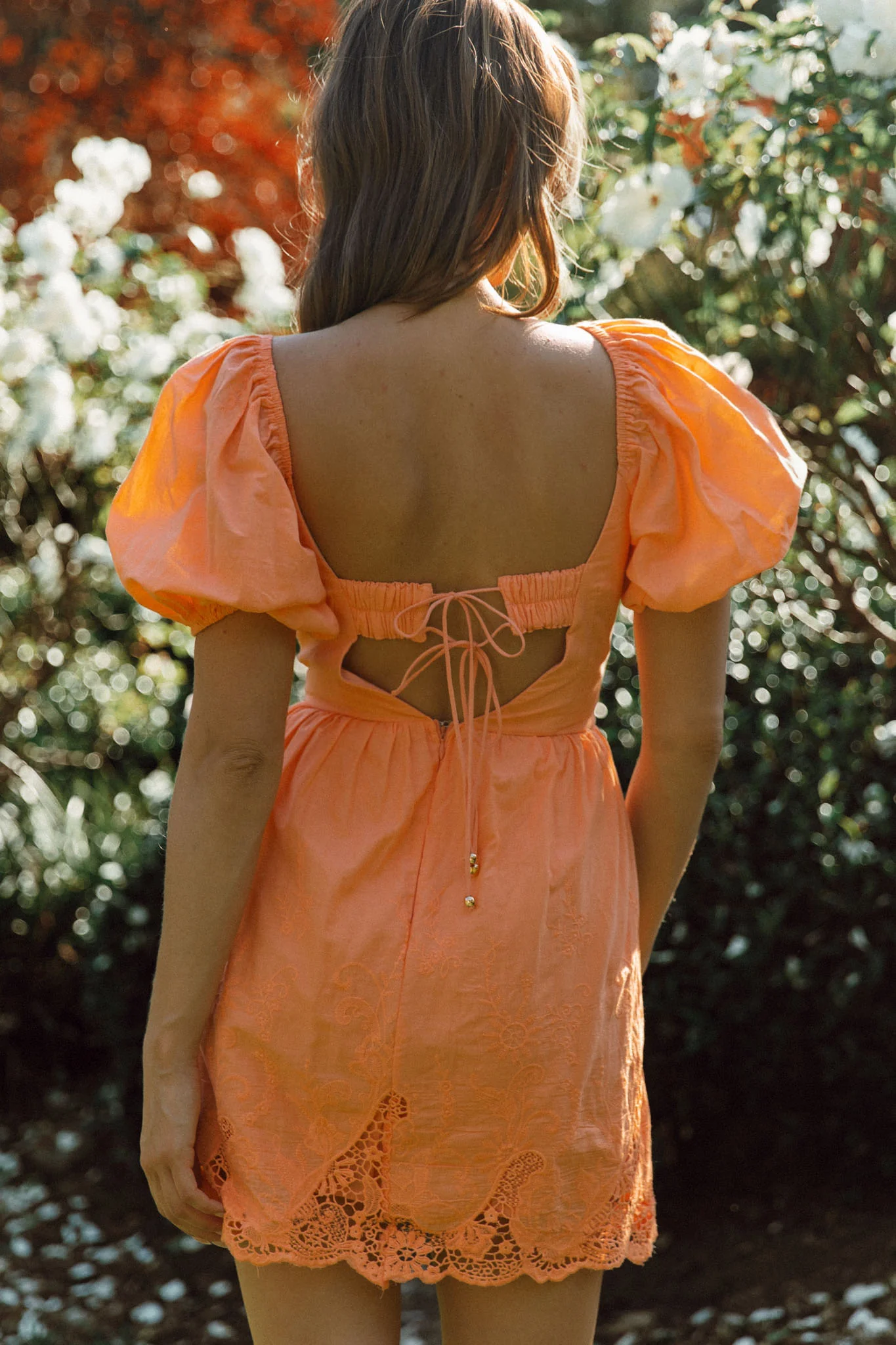 Lovers Lane Lace Trim Puff Sleeve Dress Neon Orange - Seraphlike