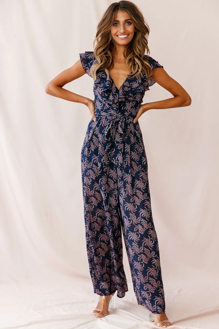 Marcia Ruffle Strap Wide Leg Jumpsuit Floral Print Navy/Pink - Seraphlike