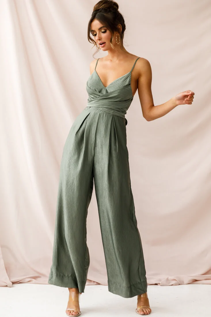 Nancy Wide Leg Pinstripe Jumpsuit Olive - Seraphlike