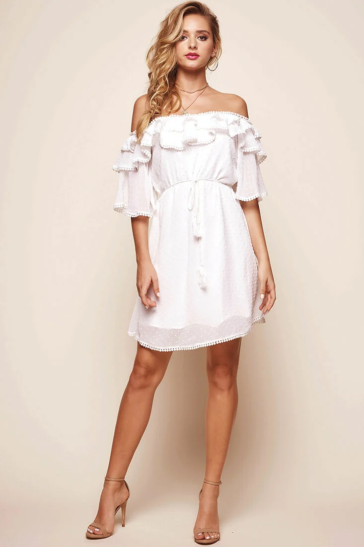 Springtime Hail Spot Chiffon Off Shoulder Dress White - Seraphlike