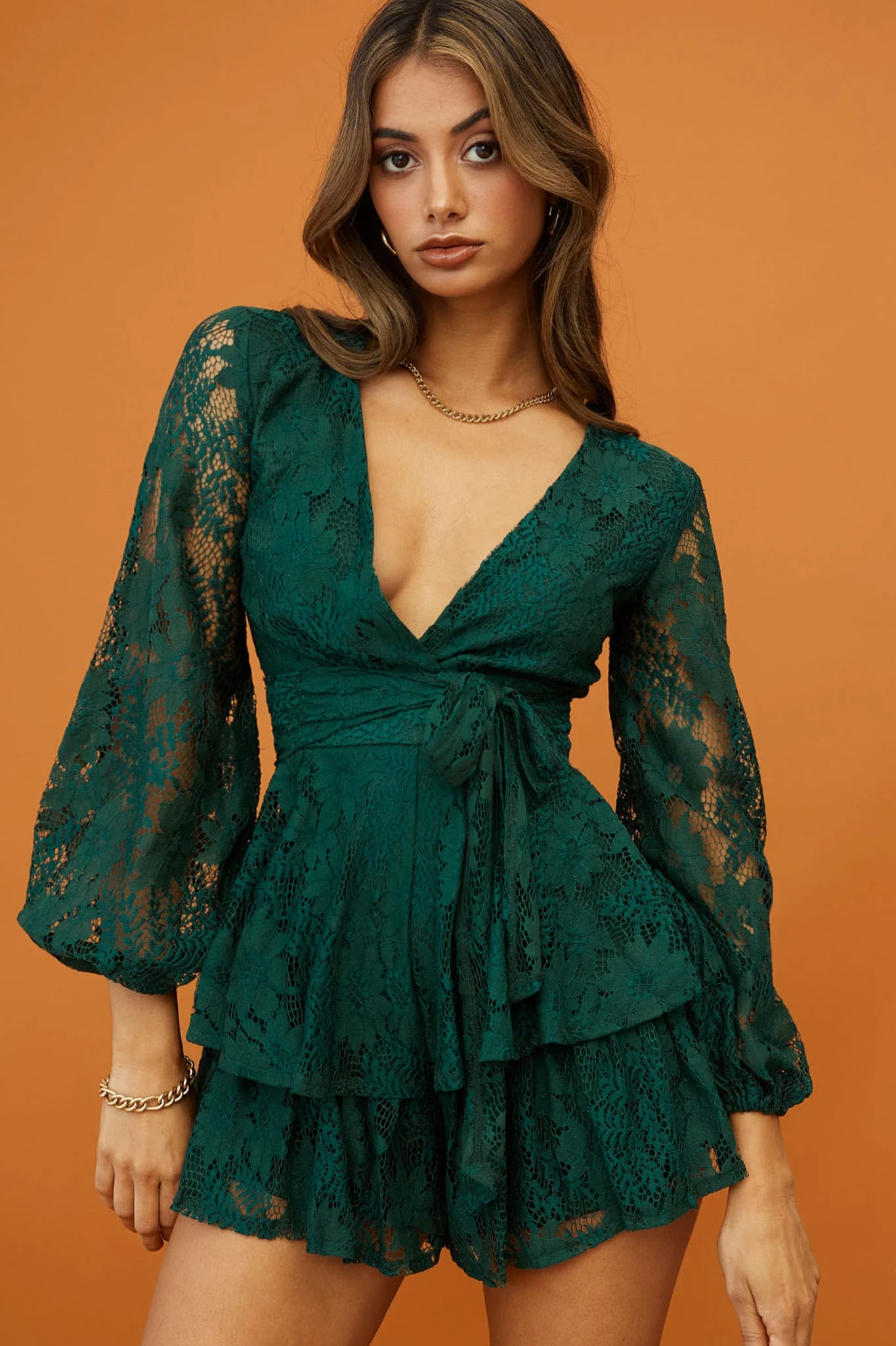 Maddox Fit & Flare Long Sleeve Romper Floral Lace Forest Green - Seraphlike