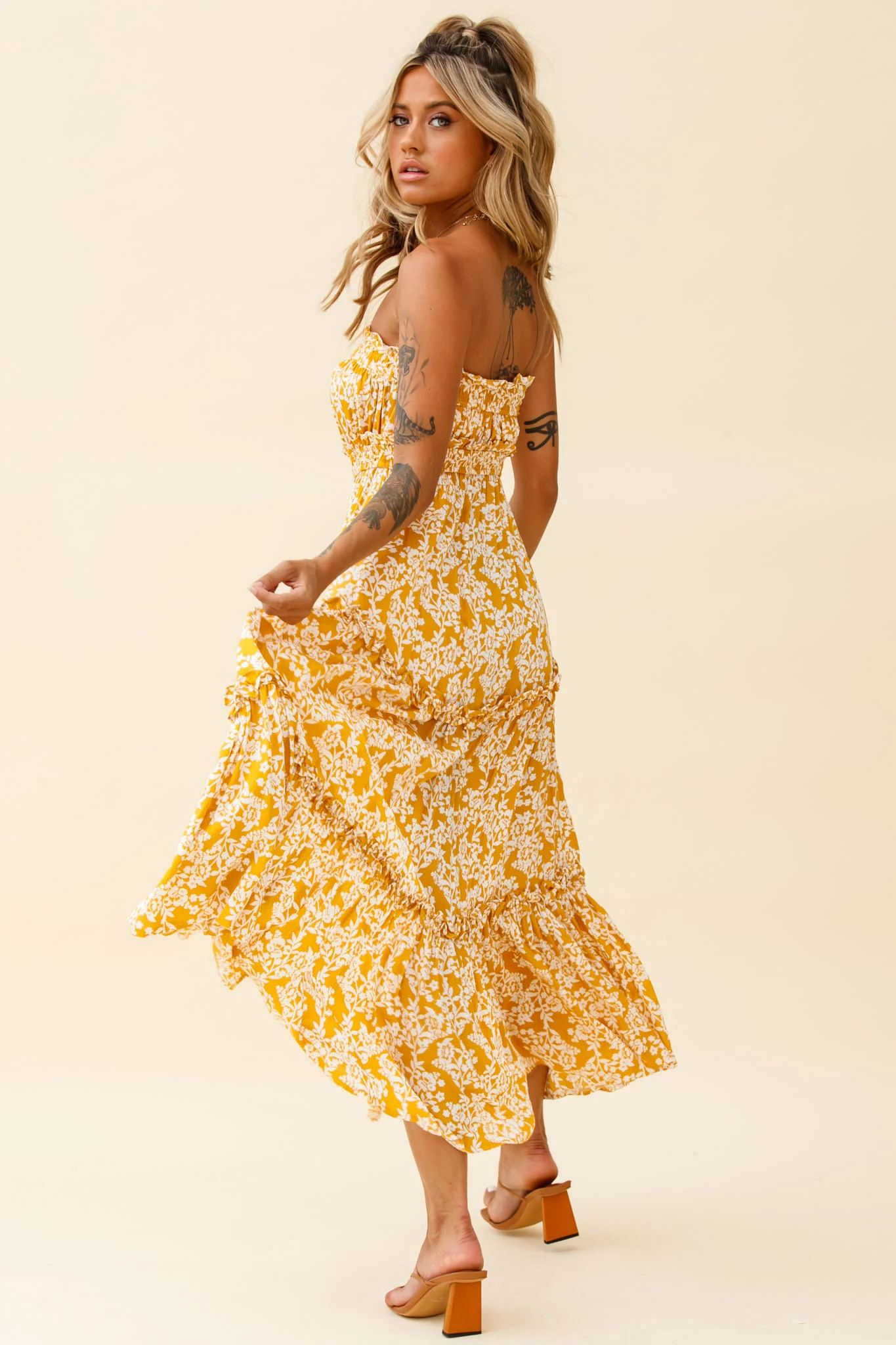 Take Me Away Strapless Maxi Dress Floral Print Mustard - Seraphlike