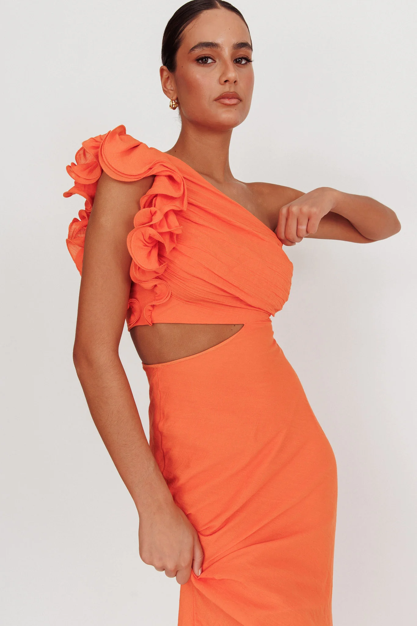 Deanna One-Shoulder Ruffle Maxi Dress Orange - Seraphlike