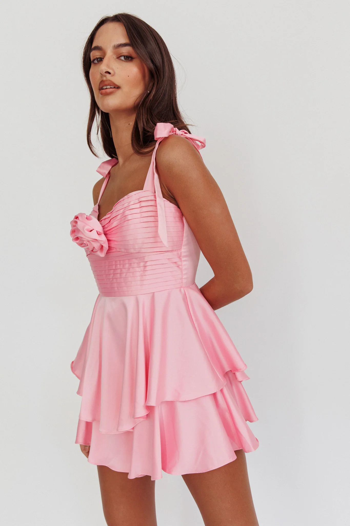 Kelia Bow Strap Rosette Romper Pink - Seraphlike