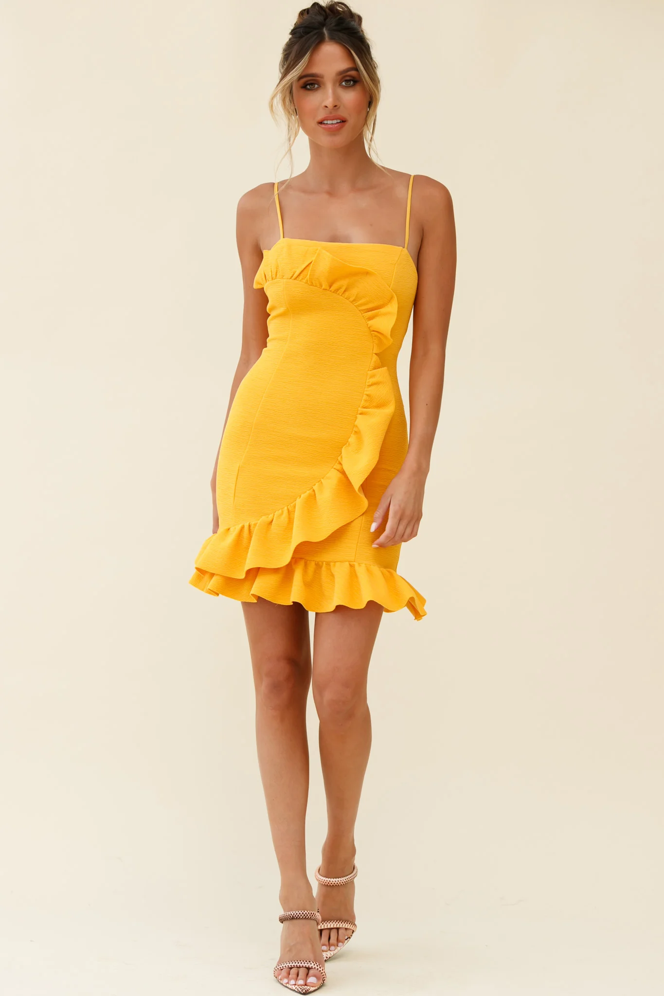 Juanita Half Moon Ruffle Detail Bodycon Dress Yellow - Seraphlike