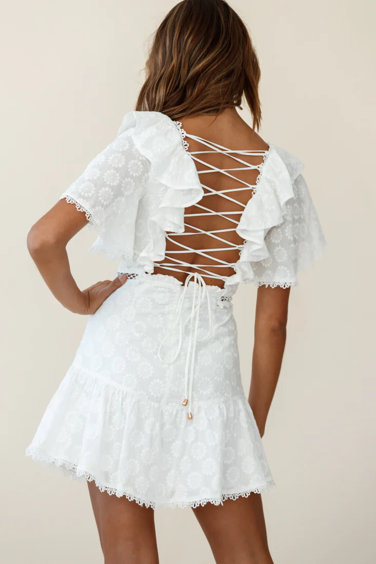 How Romantic Flounce Sleeve Lace-Up Back Dress Floral Embossed White - Seraphlike