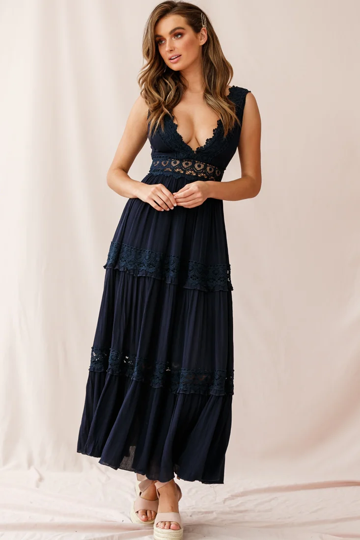 Indio Crochet Insert Deep V-Neckline Maxi Dress Navy - Seraphlike