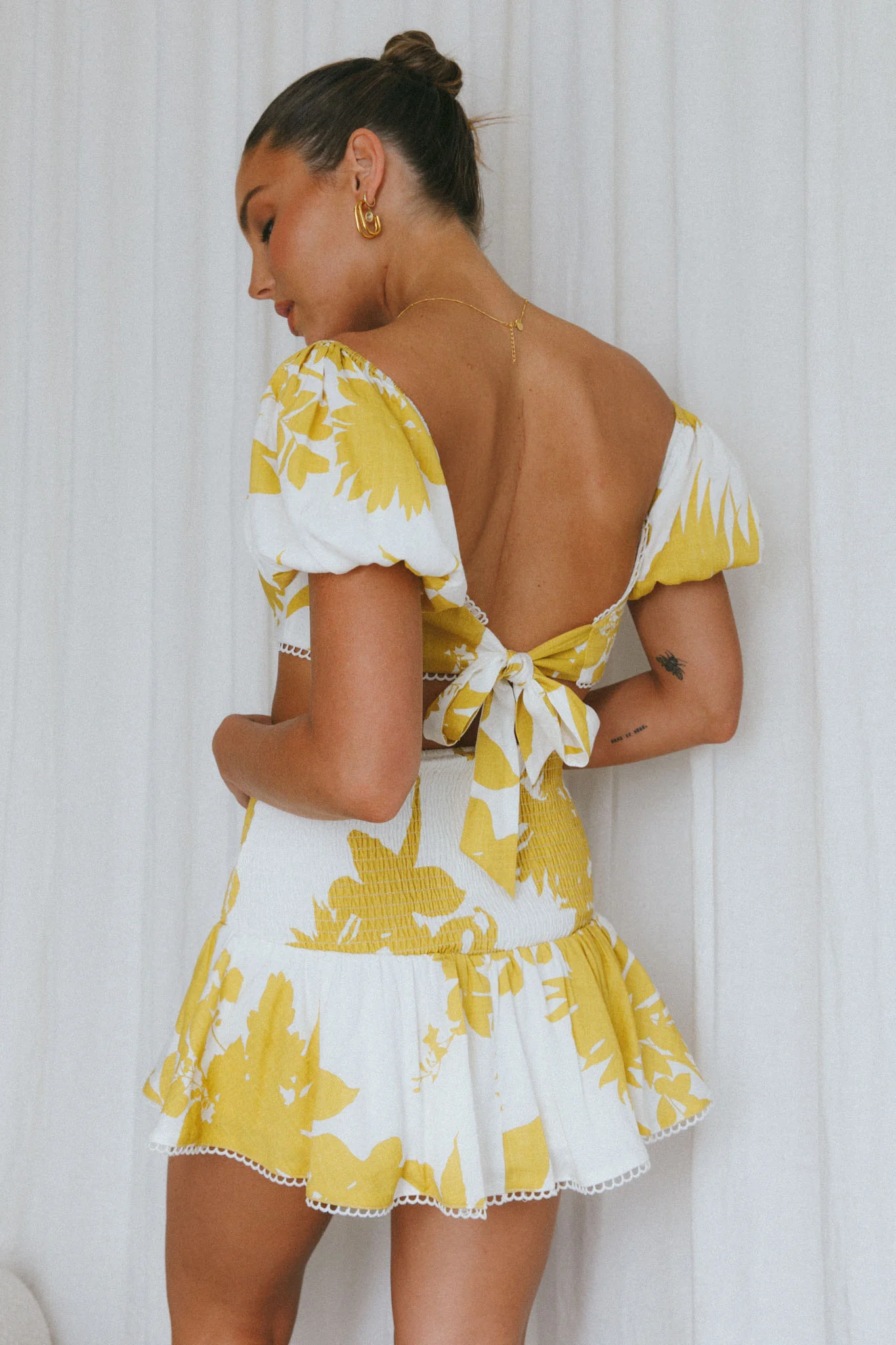 Escape With Me Tied Back Crop Top Printed Mustard - Seraphlike