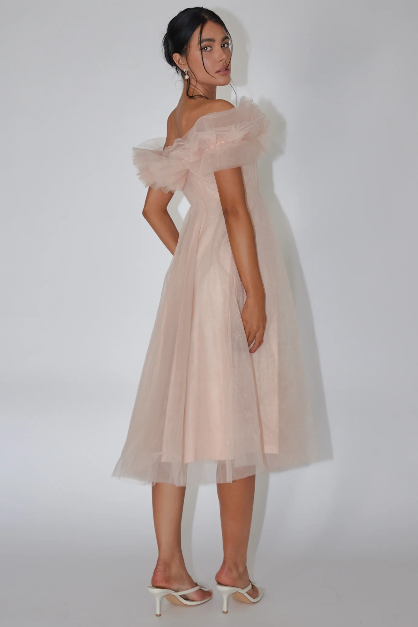 May Rose Off-Shoulder Tulle Midi Dress Taupe - Seraphlike