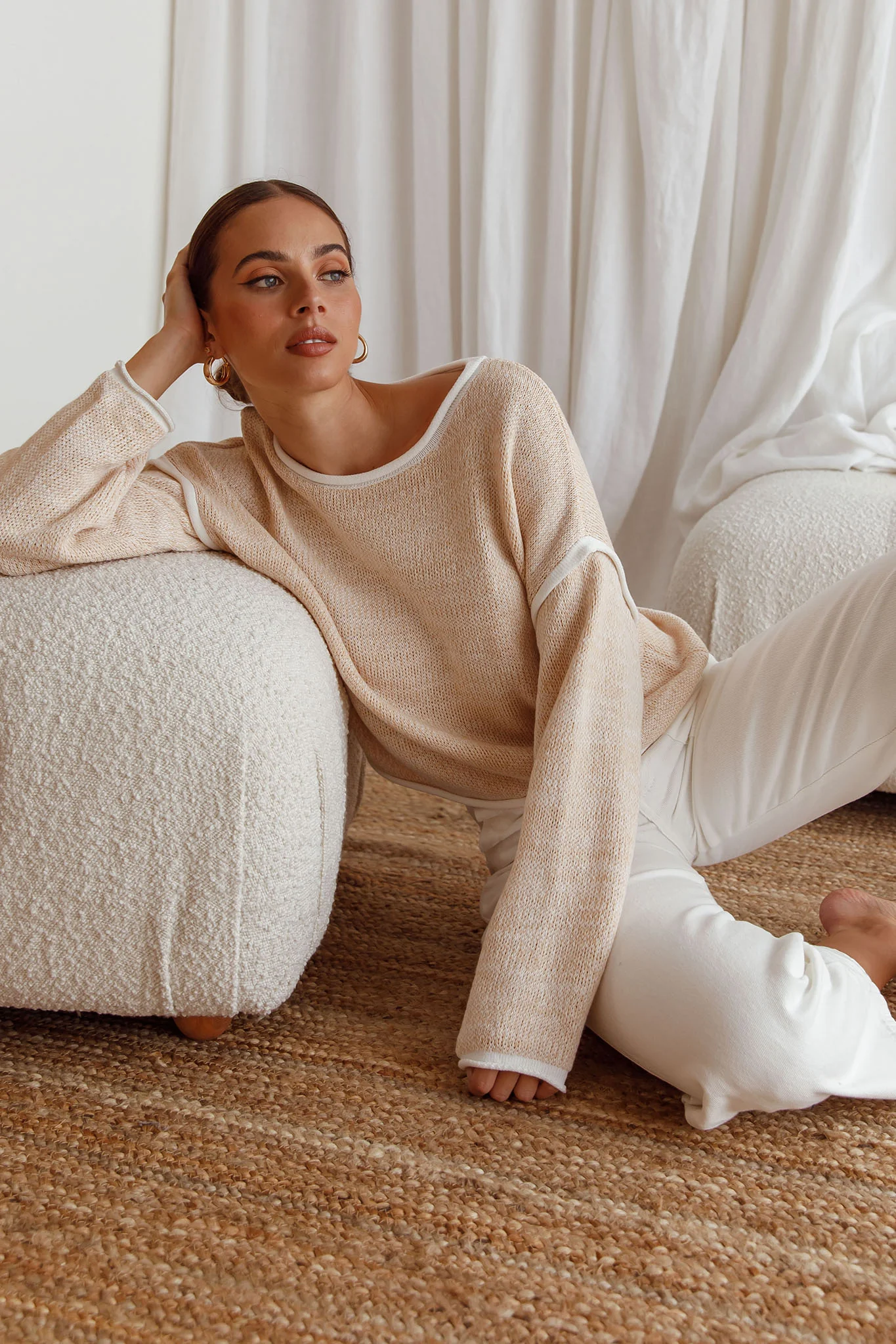 Sitting Pretty Drop Sleeve White Trim Knit Sweater Stone - Seraphlike