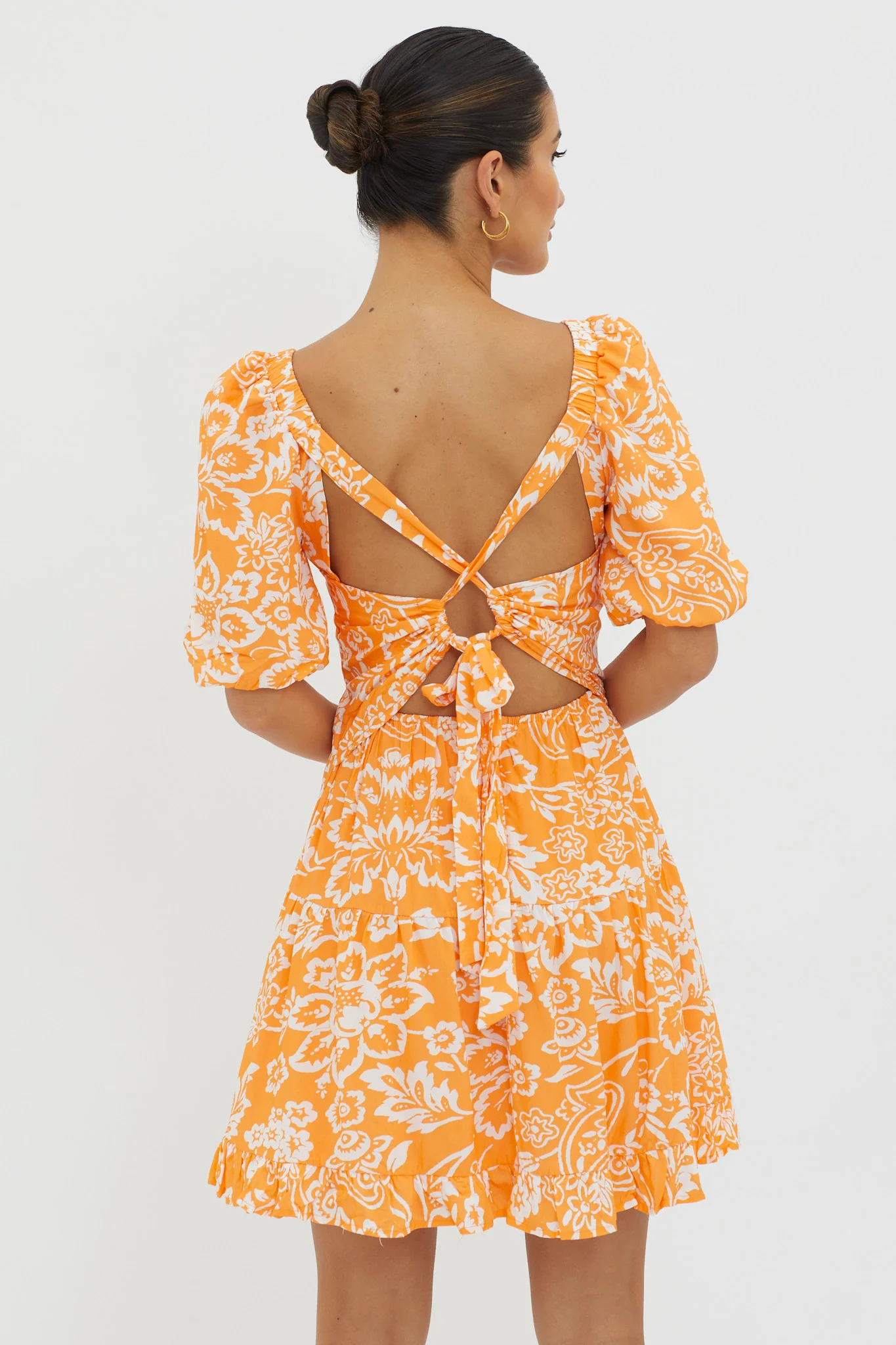Madrid Summer Tied Back Mini Dress Print Orange - Seraphlike