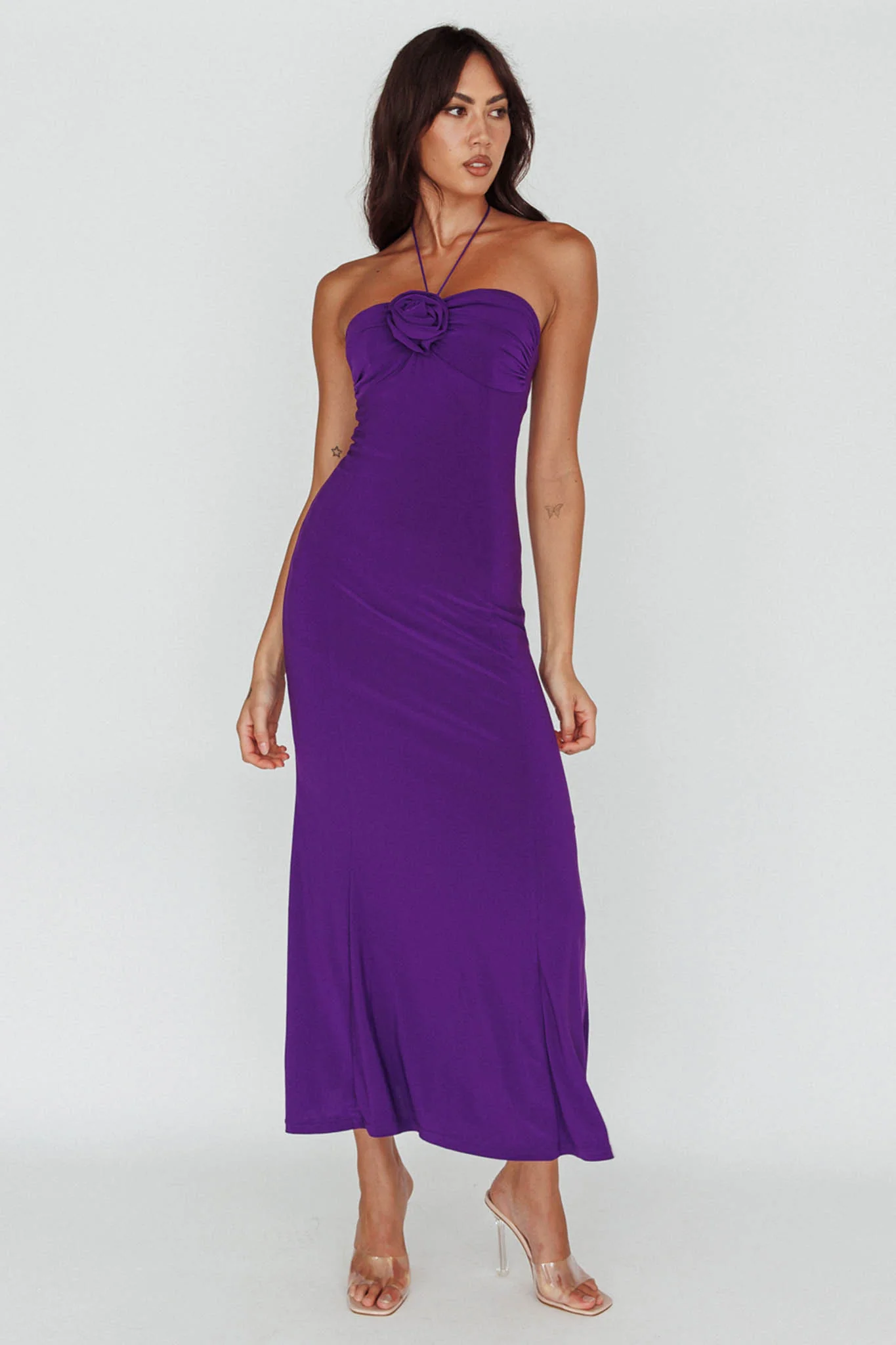 Ibiza Sunset Bust Flower Midi Dress Purple - Seraphlike