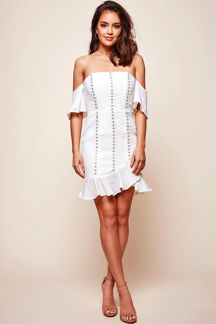 Natalia Off Shoulder Ruffle Trim Dress White - Seraphlike