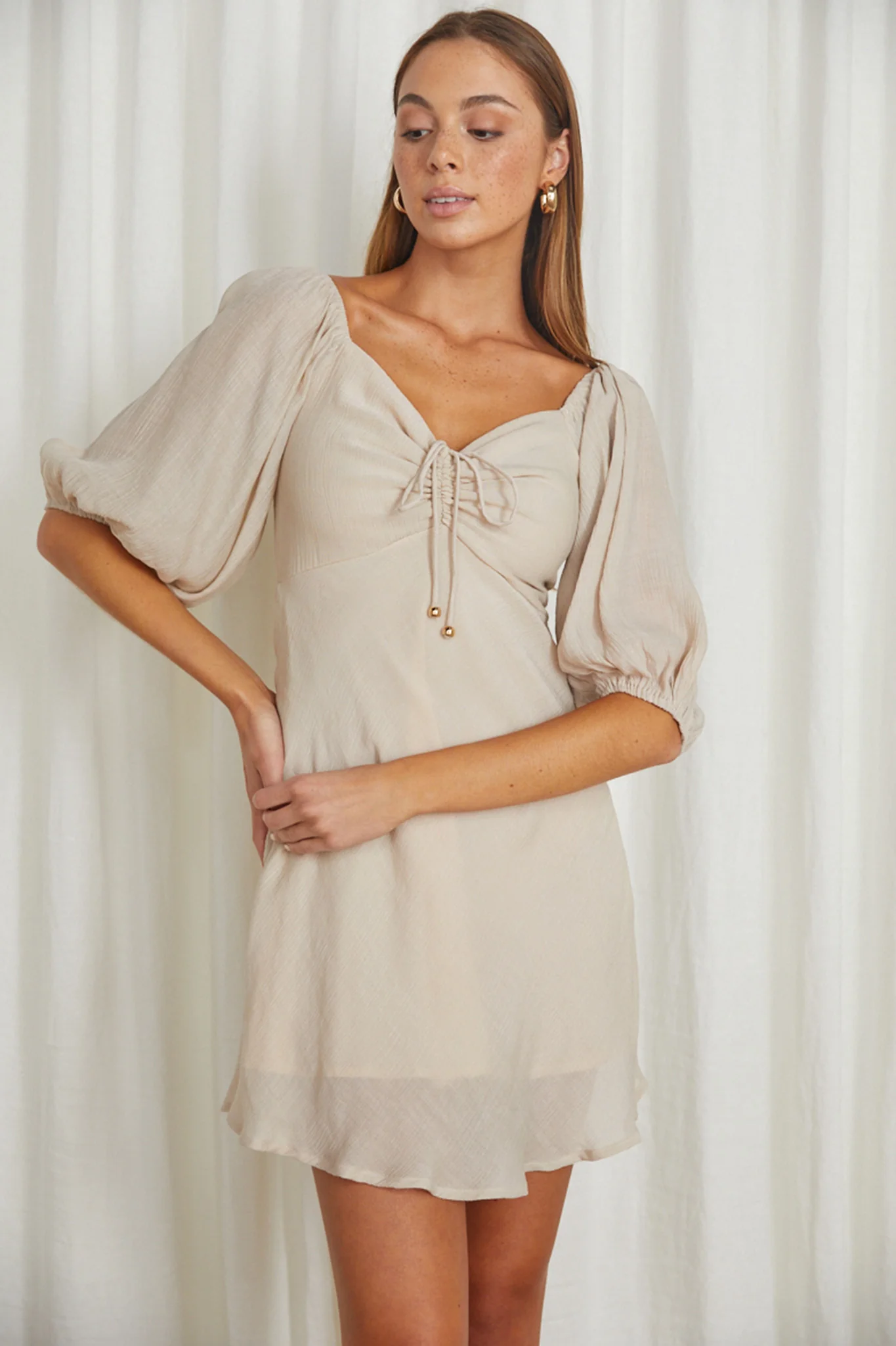 Avaline Drawstring Bust Mini Dress Beige - Seraphlike